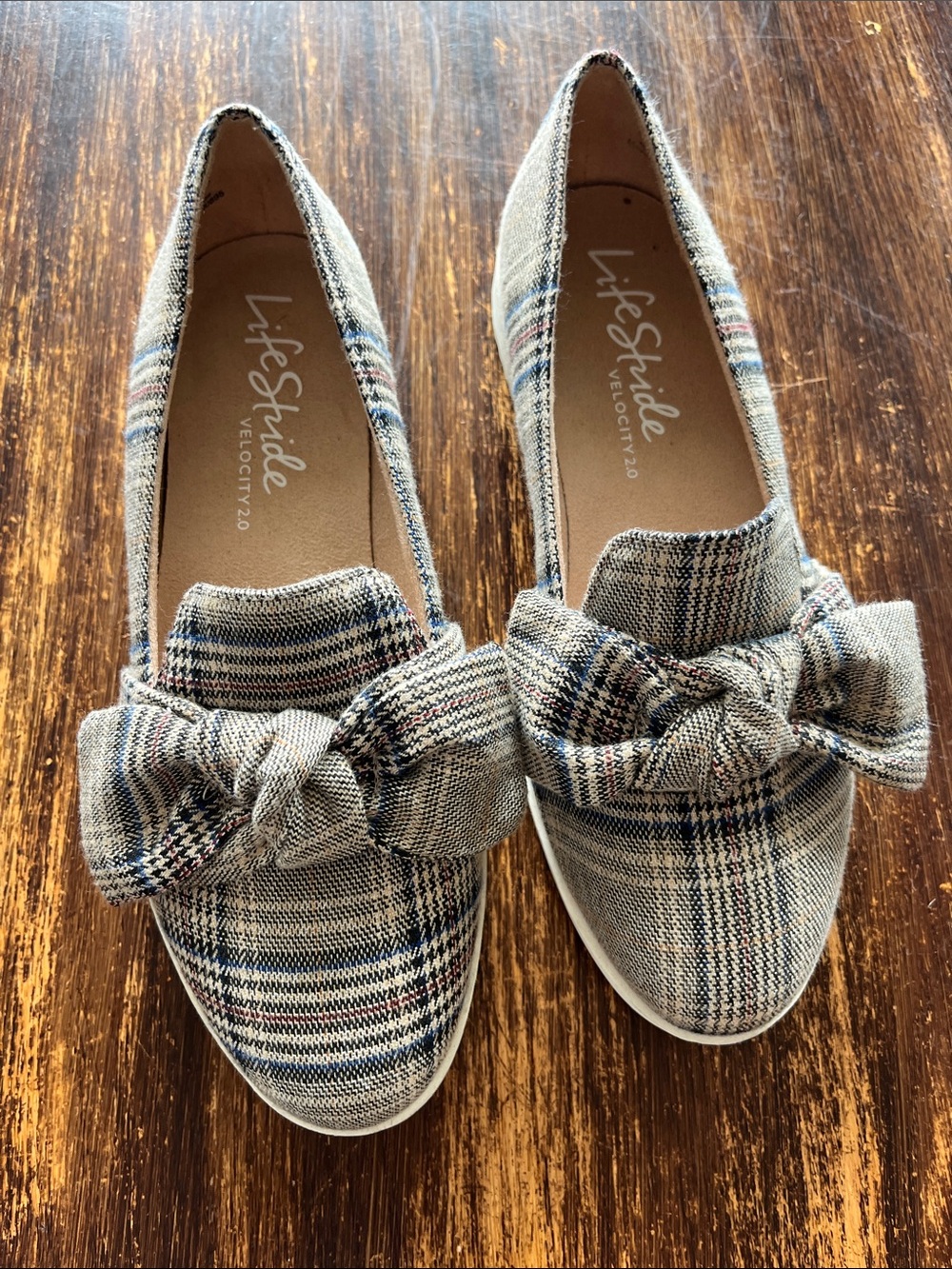 LifeStride Neutral Plaid Bow Slip-Ons with Subtle Blue Accents
